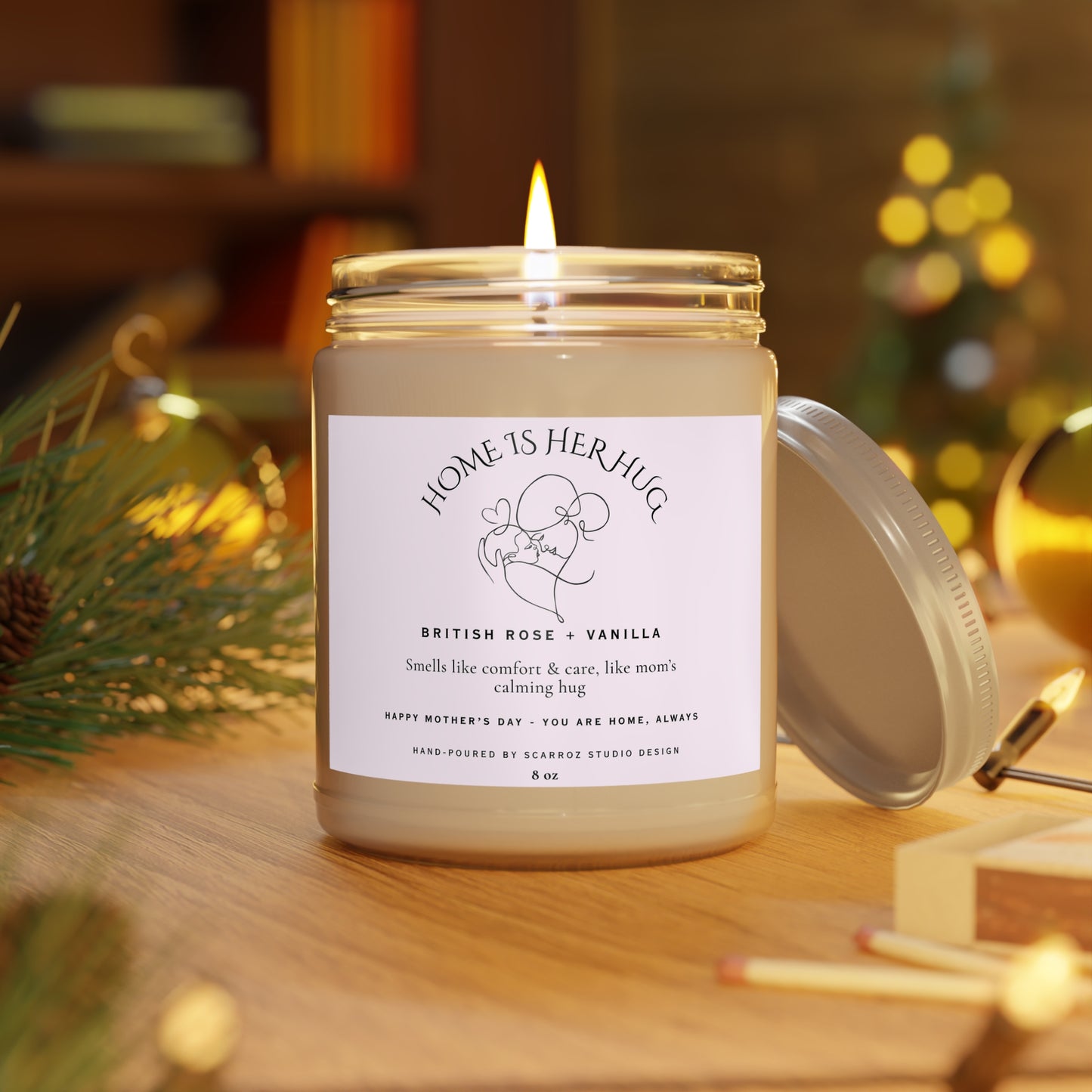 Mother's Day Scented Candle Gift – "Home Is Her Hug" – British Rose & Vanilla, 8oz, 100% Natural Soy Wax