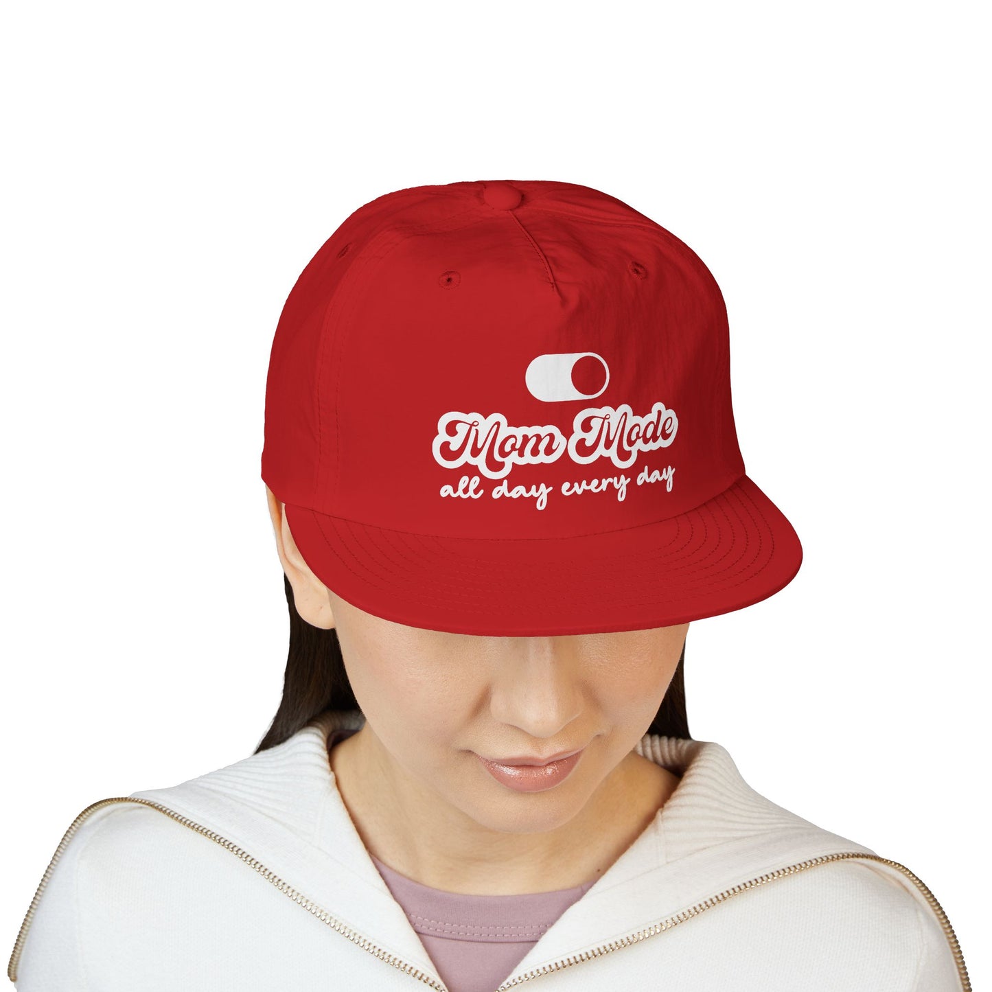 Snapback Cap for Mother's Day – "Mom Mode All Day Everyday" – Red & Black, Unisex, 100% Cotton, Adjustable