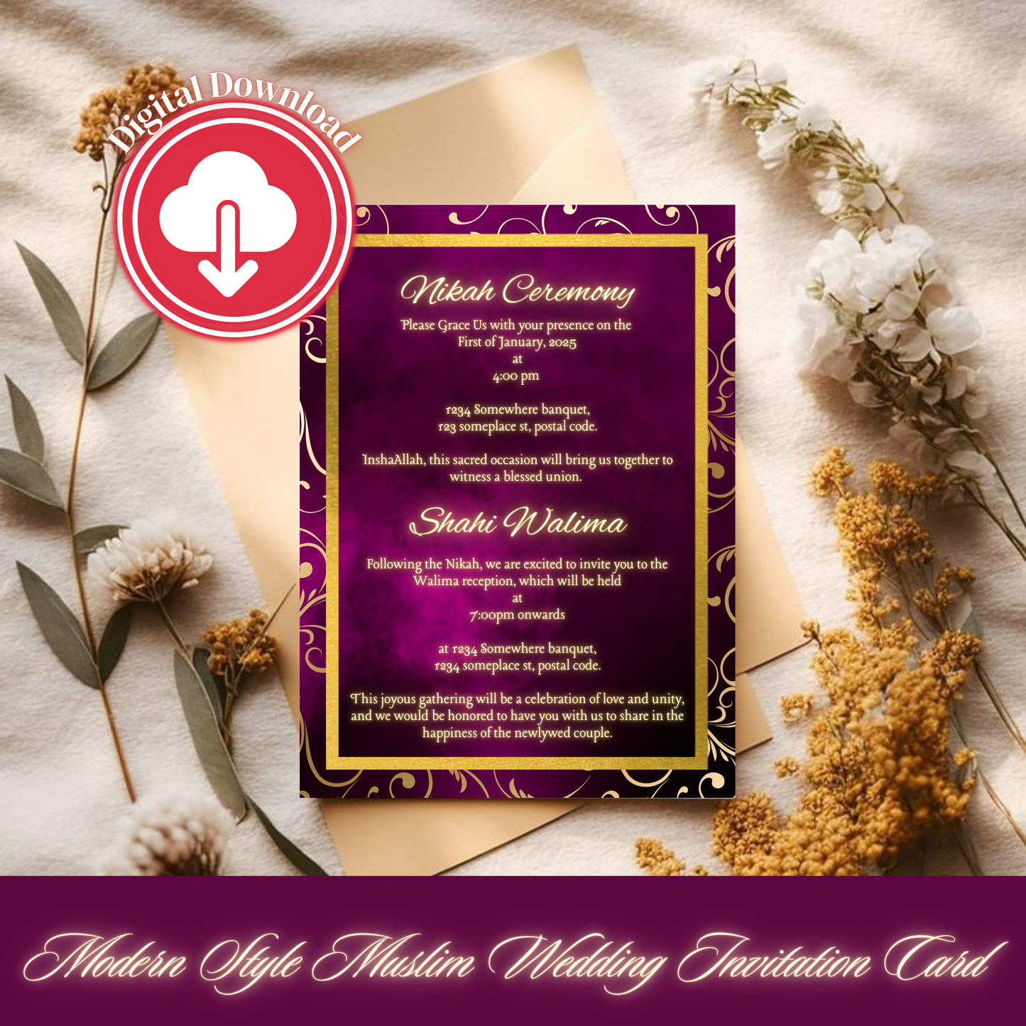 Elegant Muslim Wedding Invitation Set | Digital Download | Nikah & Shahi Walima | Personalized Cards