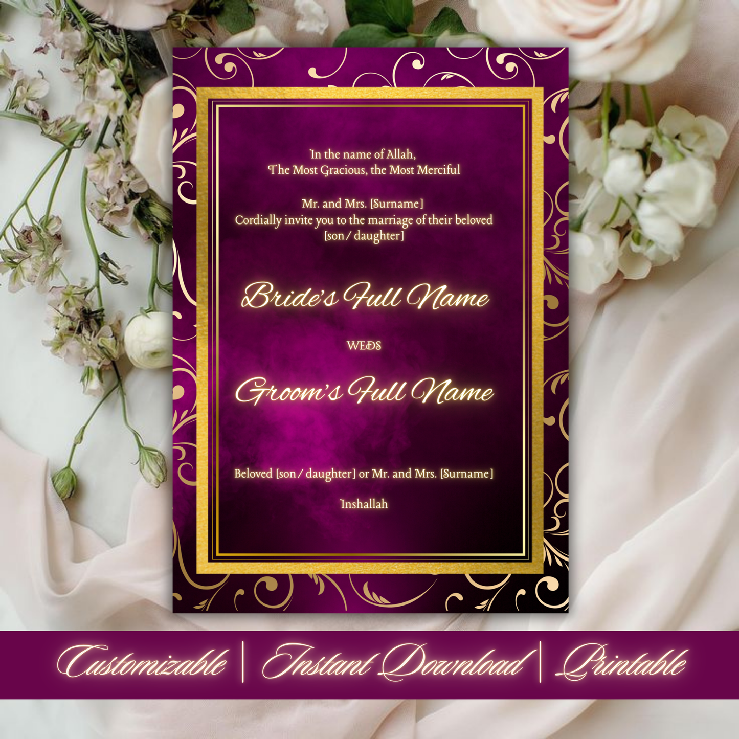 Elegant Muslim Wedding Invitation Set | Digital Download | Nikah & Shahi Walima | Personalized Cards