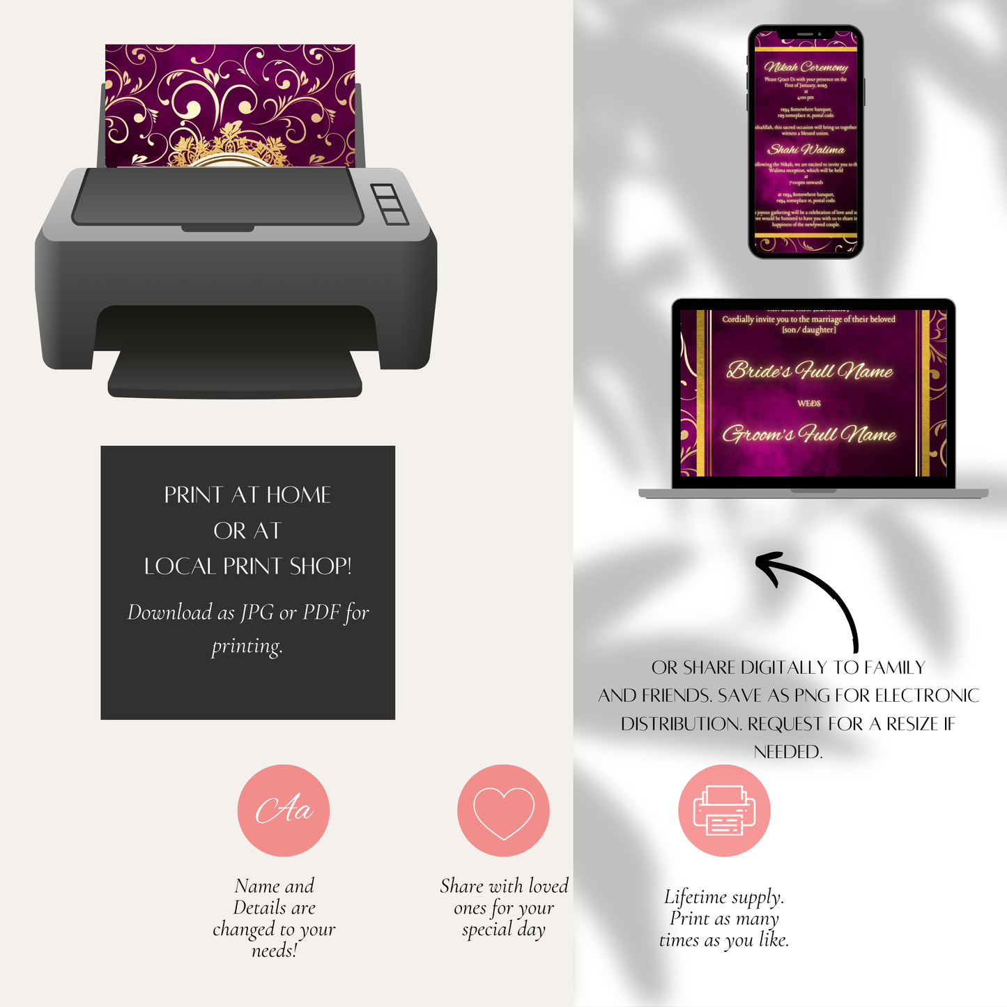 Elegant Muslim Wedding Invitation Set | Digital Download | Nikah & Shahi Walima | Personalized Cards