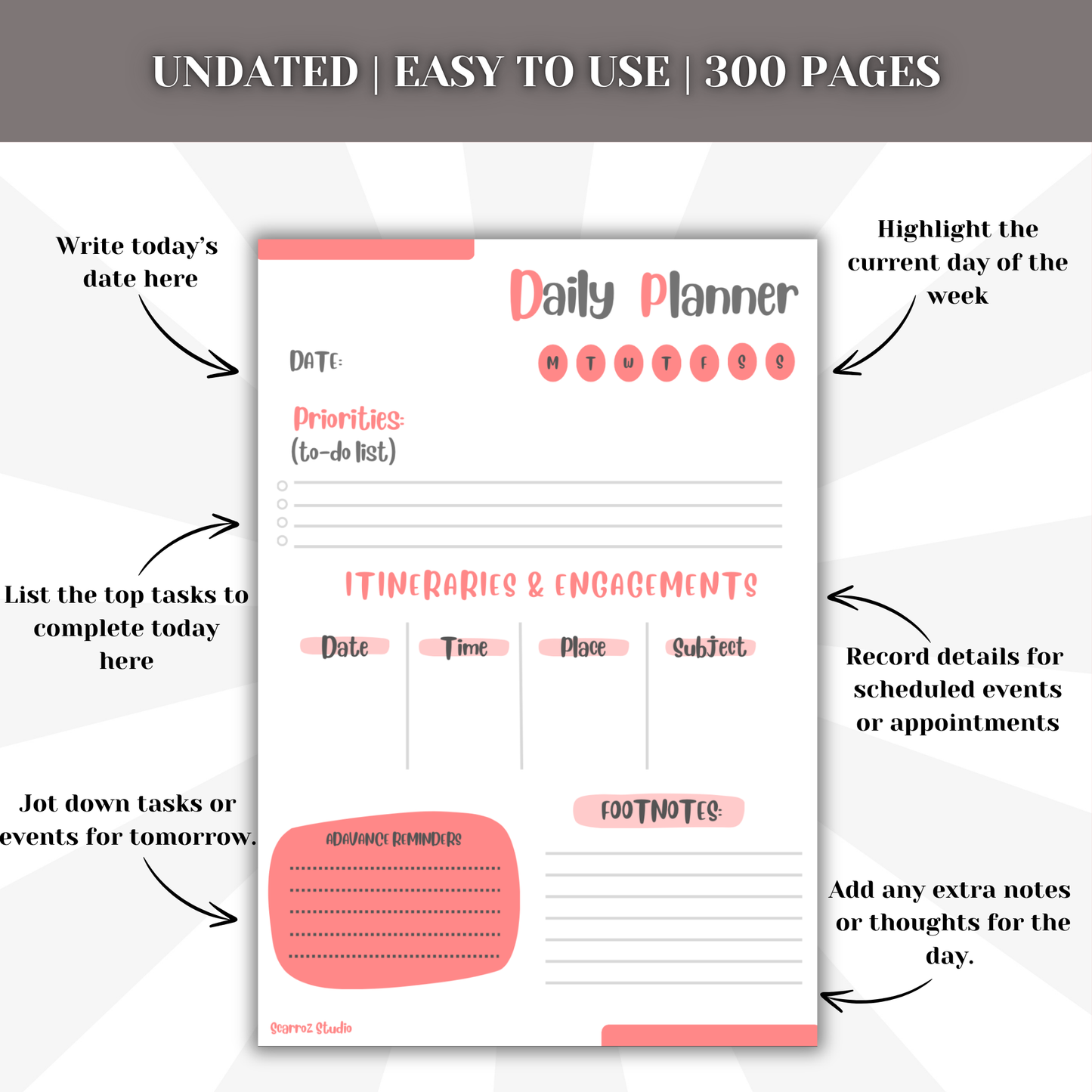 Undated Daily Planner | 300 Pages | To-Do, Itinerary & Organizer | for Students, Teachers, Parents, Pros | High-Quality Paper