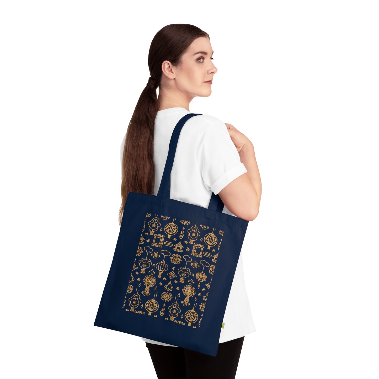 Lunar New Year Graphic Tote Bag – Festive Pattern Design | Navy Blue | Zipper Closure 🧧🐉